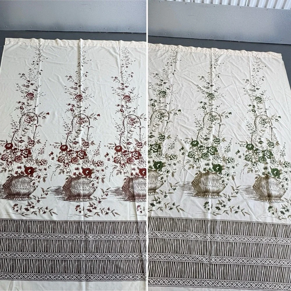 Mid Century Two Tone Floral Bamboo Curtain Panel Set - A Pair 86